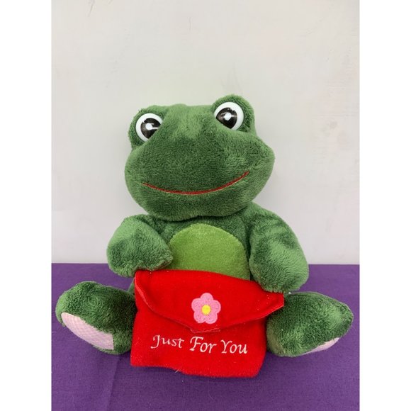 Russ 7 Inch Frog Just For You Envelope Gift Pouch Red Flowers Plastic Eyes Pink - Picture 1 of 11